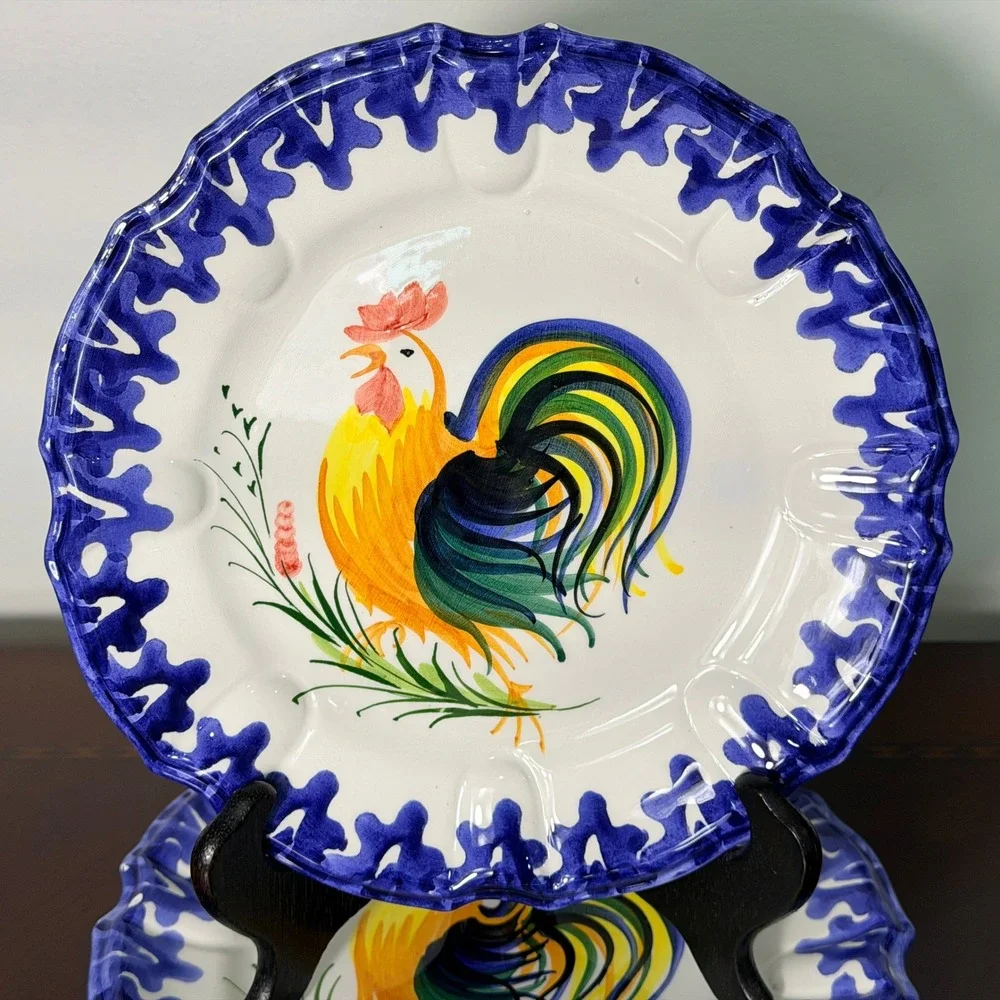 Vintage Zanolli Italy Hand Painted Rooster Majolica Plates Set of 2 Tuscan Decor